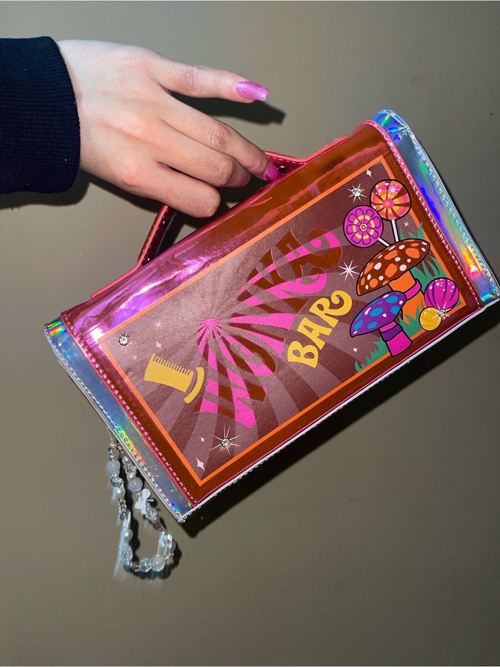 Dolls Kill Holographic Pink Brown Mushroom Graphic Clutch